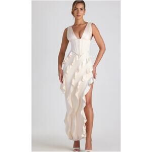 Oh Polly Ambrosia Corset Maxi Dress Womens US 2 Ivory Ruffle Formal  Glam NWT